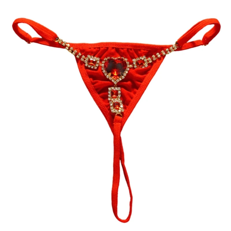 Red rhinestone low rise thongs for women adorned with elegant gemstone design