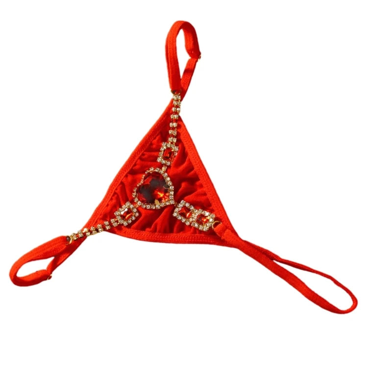 Rhinestone low rise thongs for women in red featuring a decorative rhinestone design