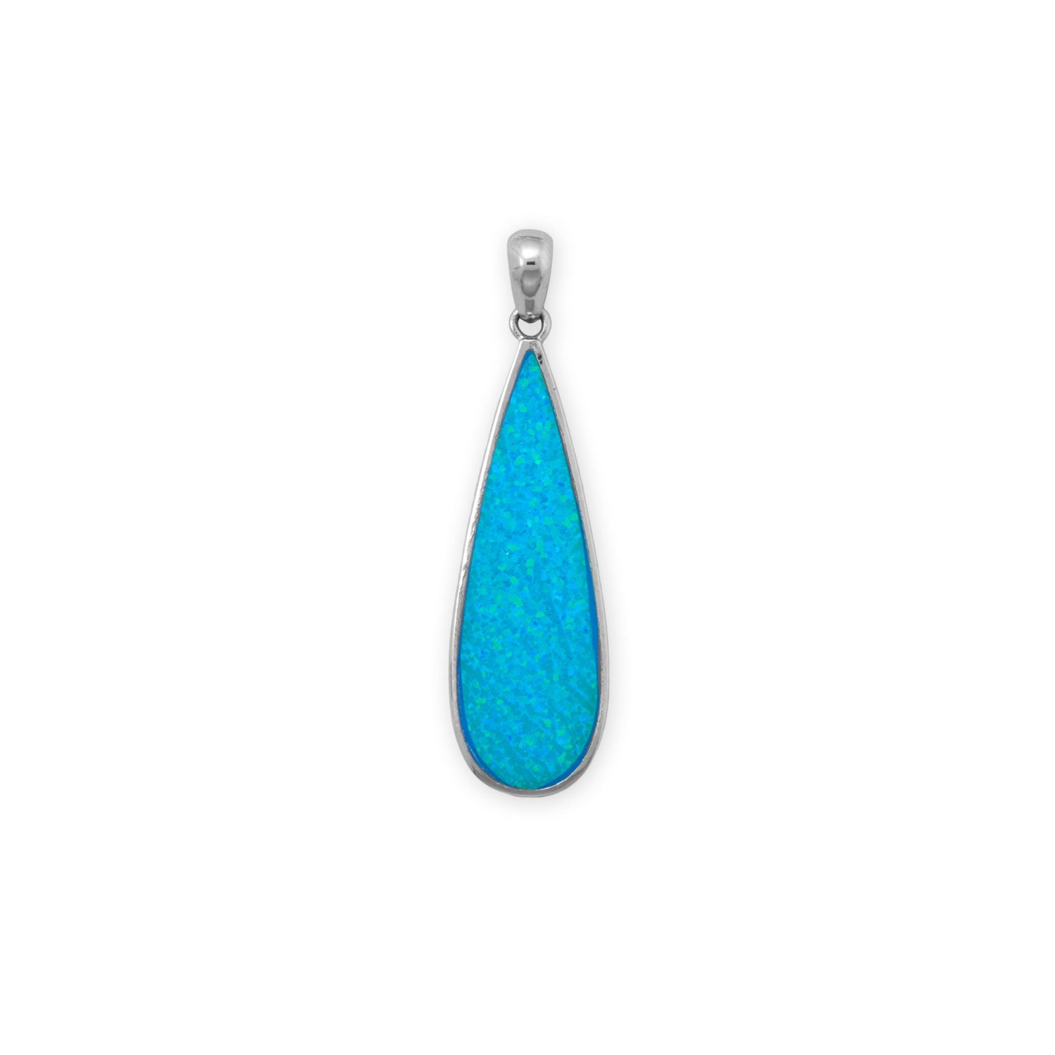Rhodium plated blue opal pendant with a teardrop shape and vibrant blue color