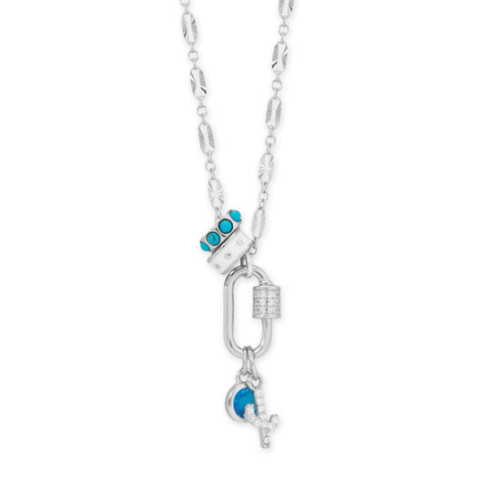 Rhodium plated cactus charm necklace with turquoise accent and sparkling details for a stylish look