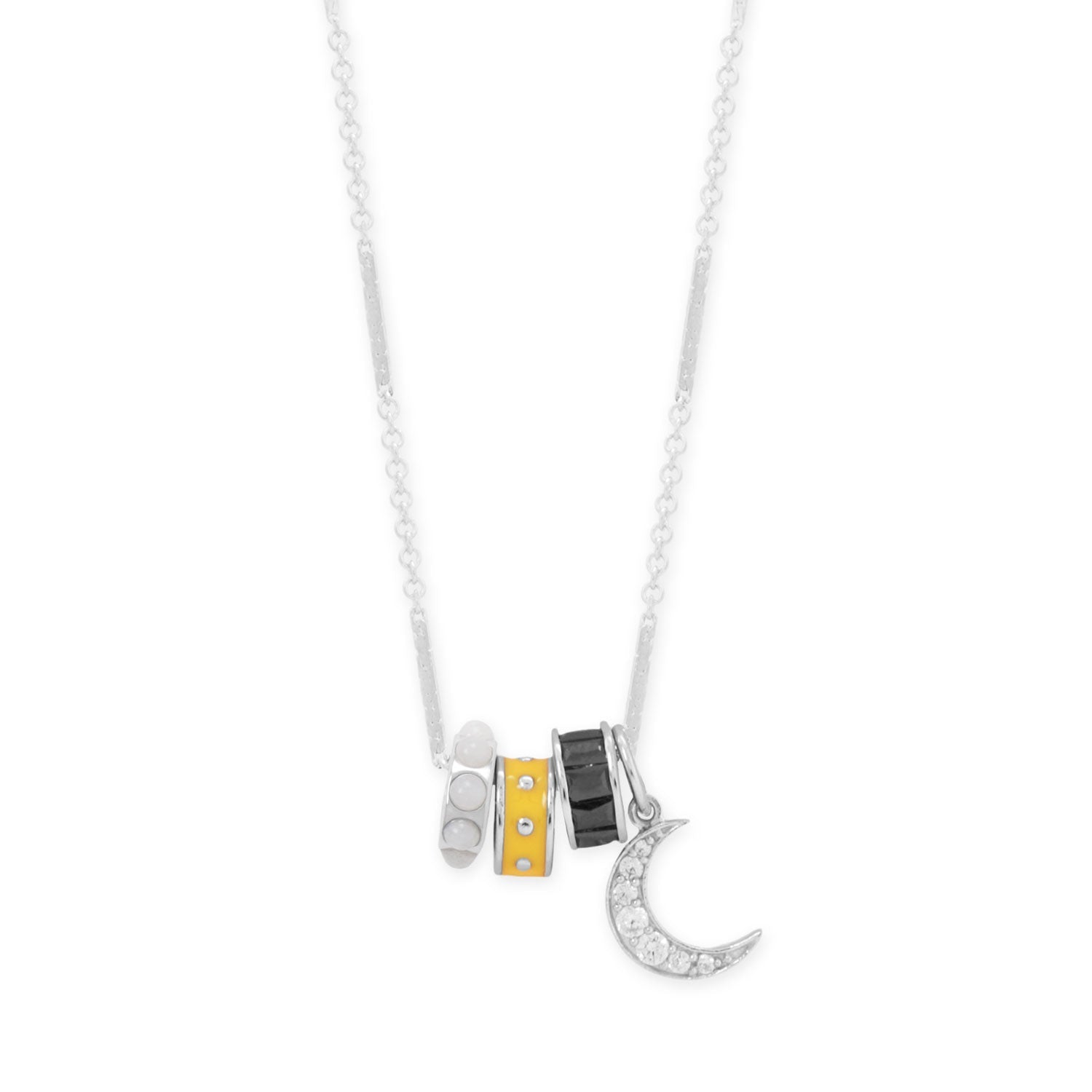 Rhodium plated charm necklace featuring colorful charms including a moon and decorative beads