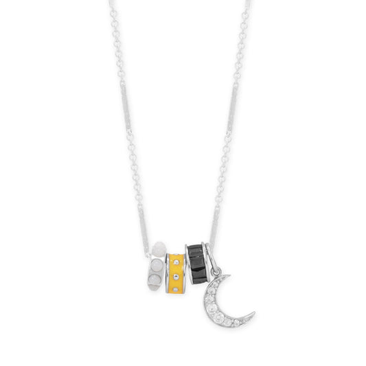 Rhodium plated charm necklace featuring colorful charms including a moon and decorative beads