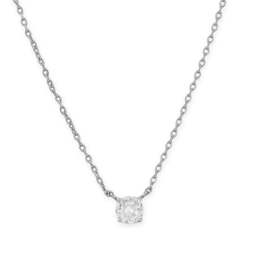Delicate rhodium plated CZ necklace featuring a sparkling center stone on a stylish chain