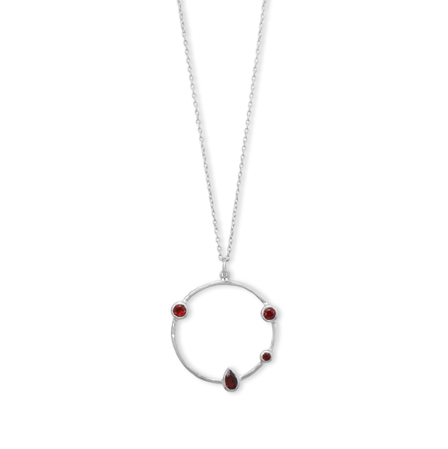 Rhodium plated garnet necklace featuring a circular design with elegant red gemstones