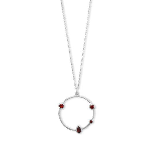 Rhodium plated garnet necklace featuring a circular design with elegant red gemstones
