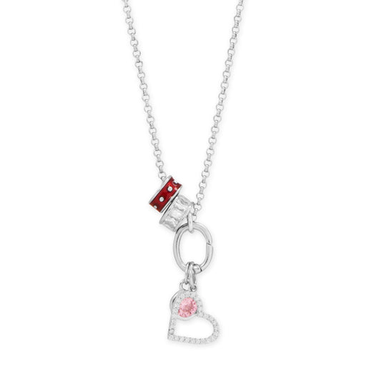 Rhodium plated heart charm necklace by LuckeLadybug LLC with red accents and pink gemstone
