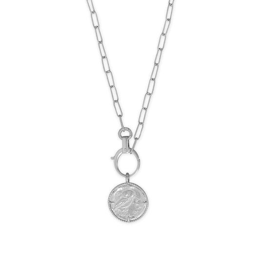 Rhodium plated owl medallion necklace featuring a stylish long chain and detailed charm