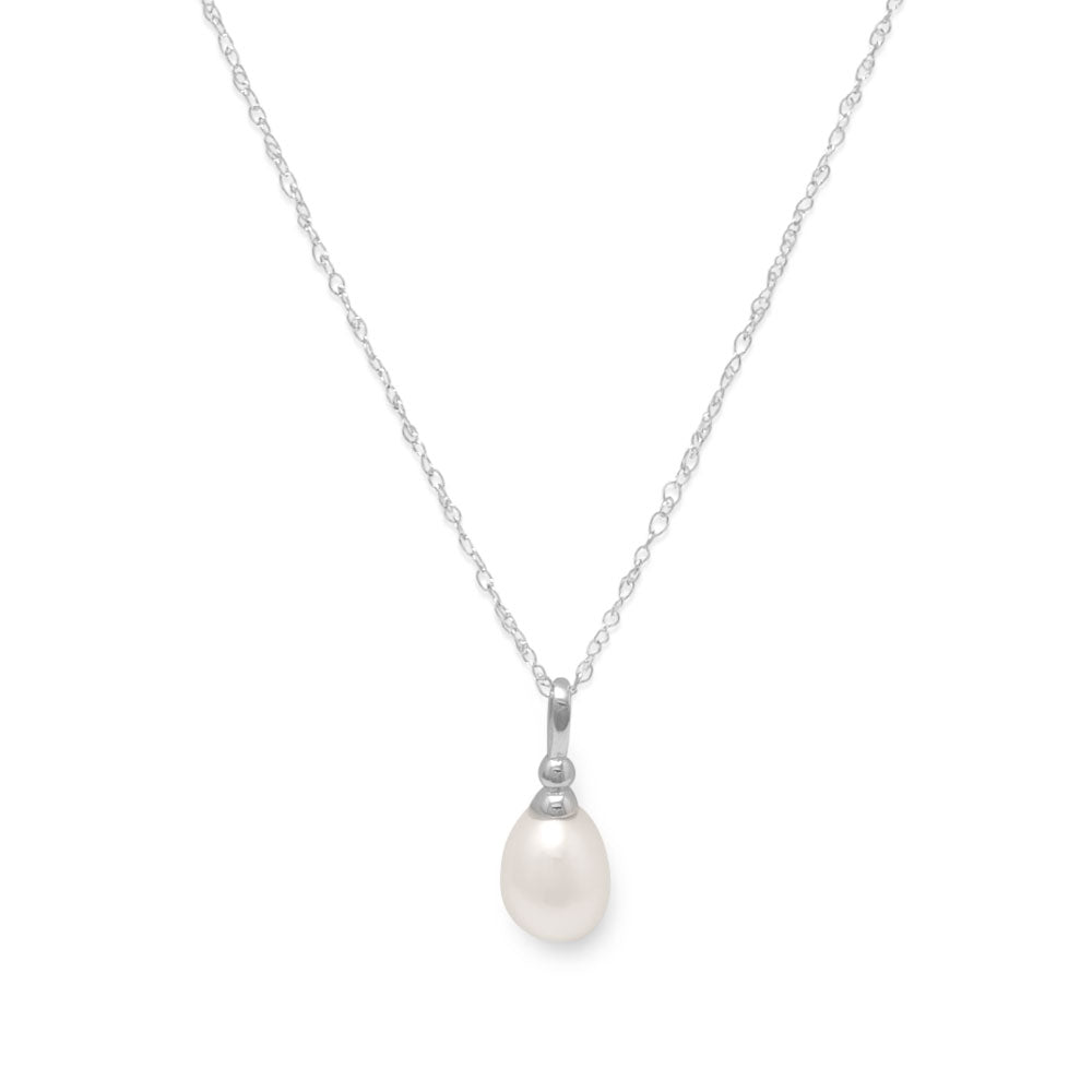 Rhodium plated pearl drop necklace featuring a single elegant pearl drop pendant on a delicate chain