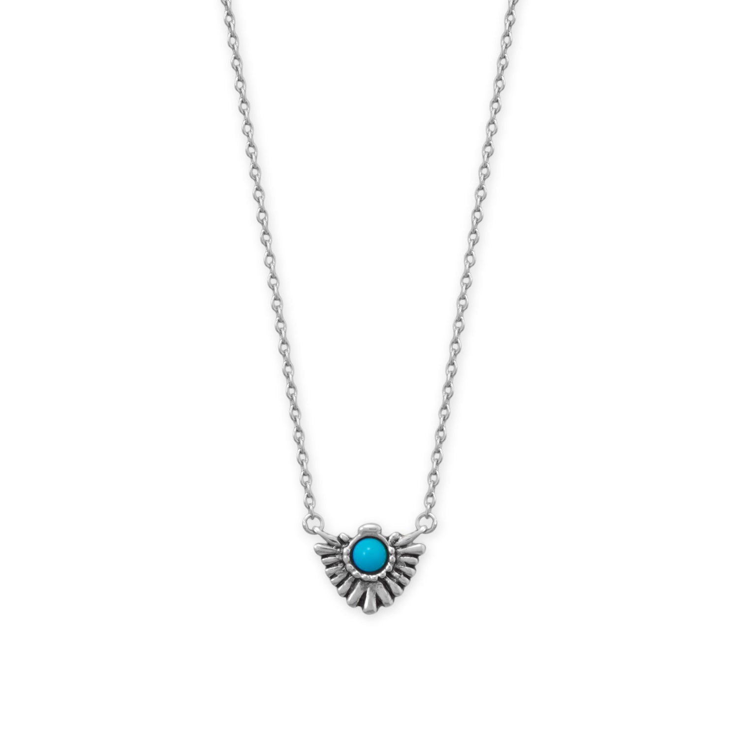 Rhodium plated turquoise fan necklace featuring a delicate design with a vibrant turquoise centerpiece