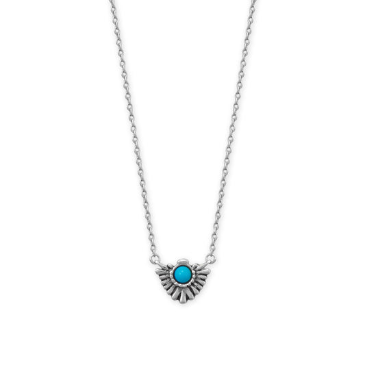 Rhodium plated turquoise fan necklace featuring a delicate design with a vibrant turquoise centerpiece