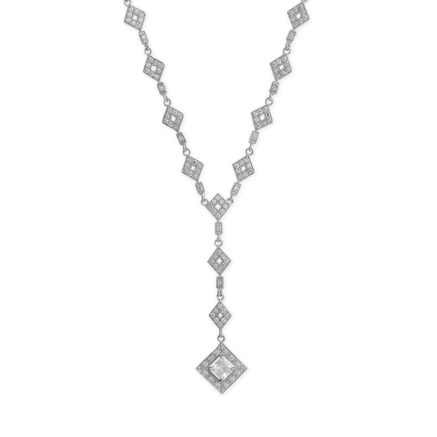 Rhodium plated Y drop necklace featuring sparkling diamond-shaped pendants.