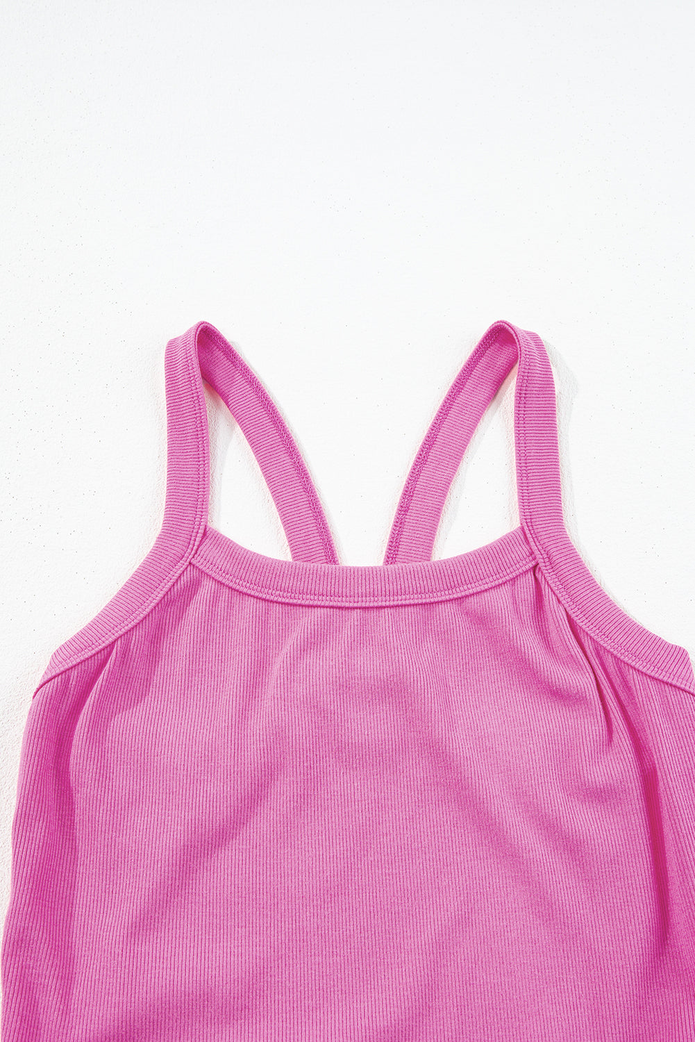 LuckeLadybug pink ribbed cropped cami top with thin straps and soft fabric texture