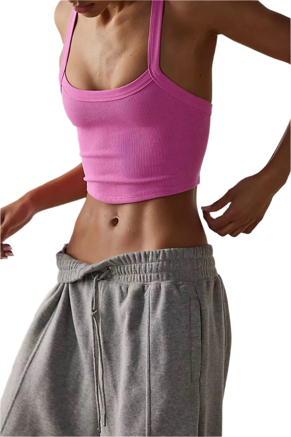 ribbed cropped cami top in pink worn with gray sweatpants