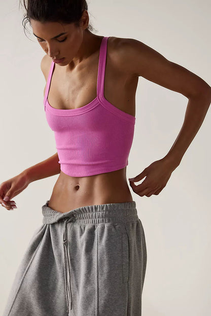 LuckeLadybug ribbed cropped cami top in pink worn with gray sweatpants