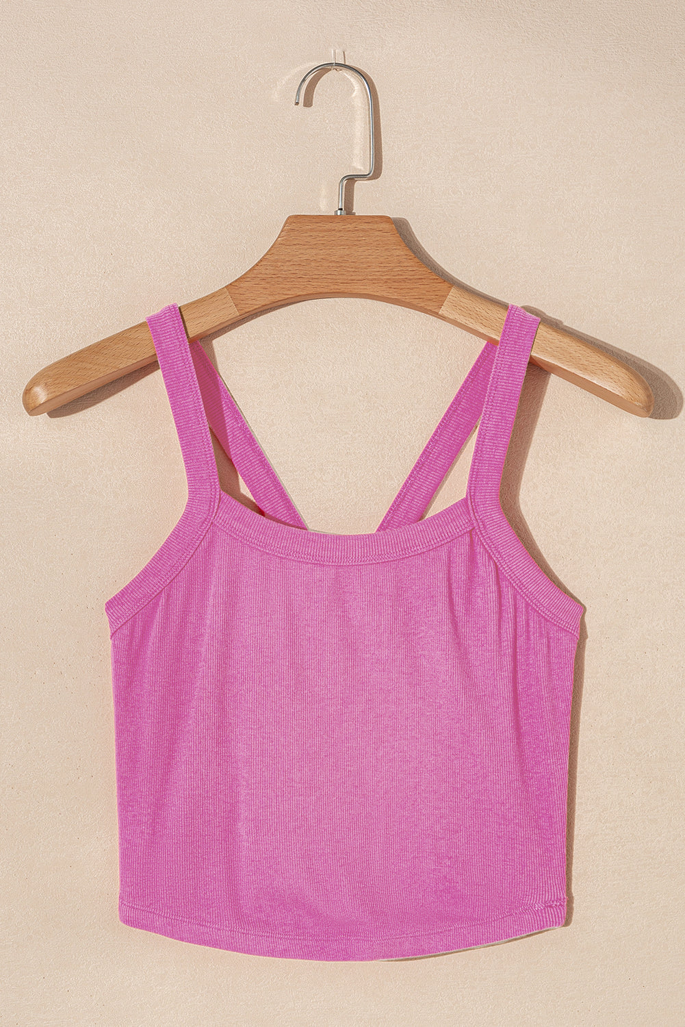LuckeLadybug pink ribbed cropped cami top with double straps on wooden hanger