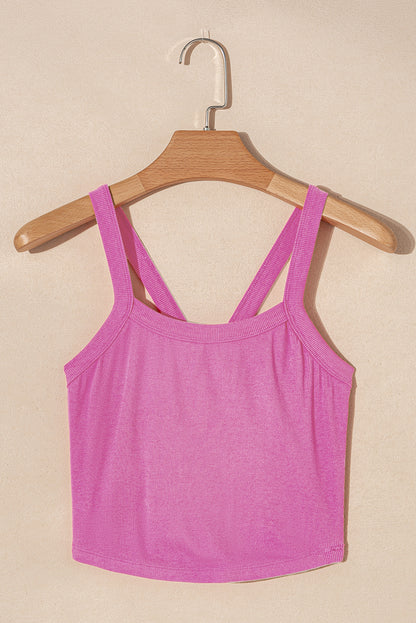 LuckeLadybug pink ribbed cropped cami top with double straps on wooden hanger