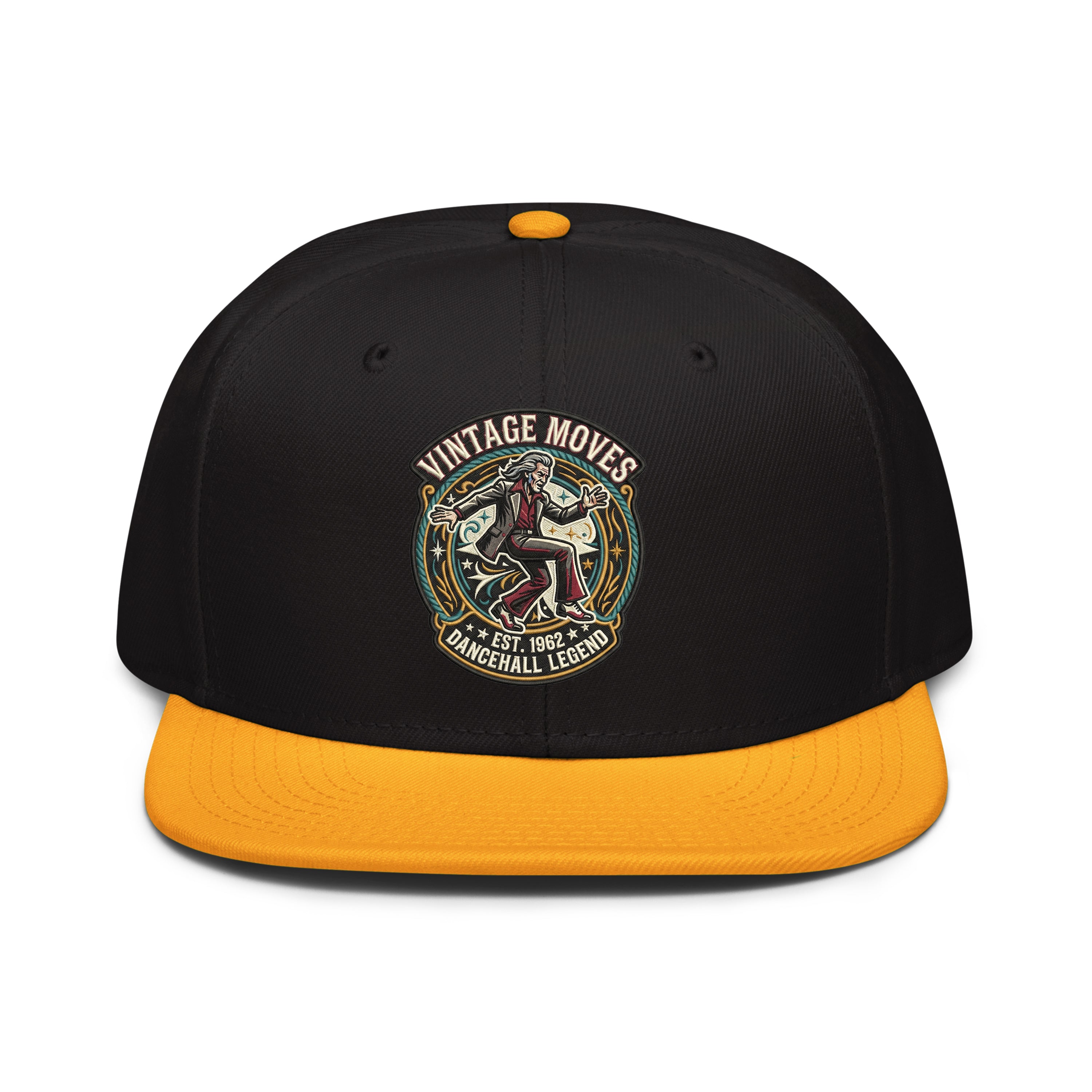 LuckeLadybug LLC Vintage Moves Snapback Hat featuring Rolling Stones Mick Jagger design in black and yellow