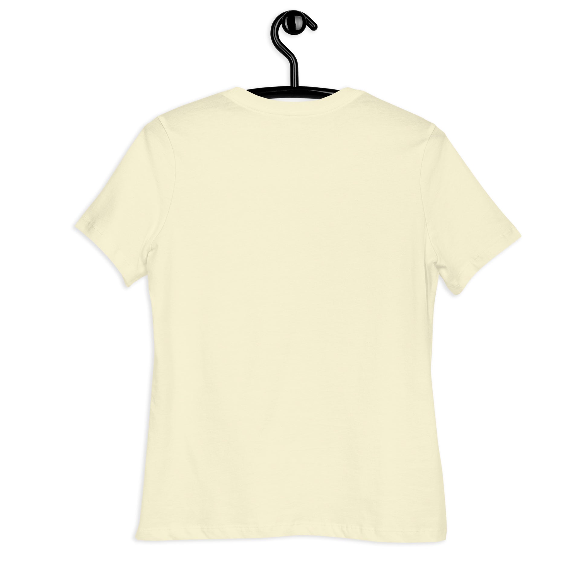 Back view of a cream-colored romantic couple t-shirt by LuckeLadybug on a hanger