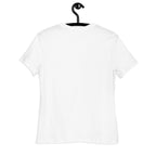 Back view of a white LuckeLadybug romantic couple t-shirt hanging on a black hook