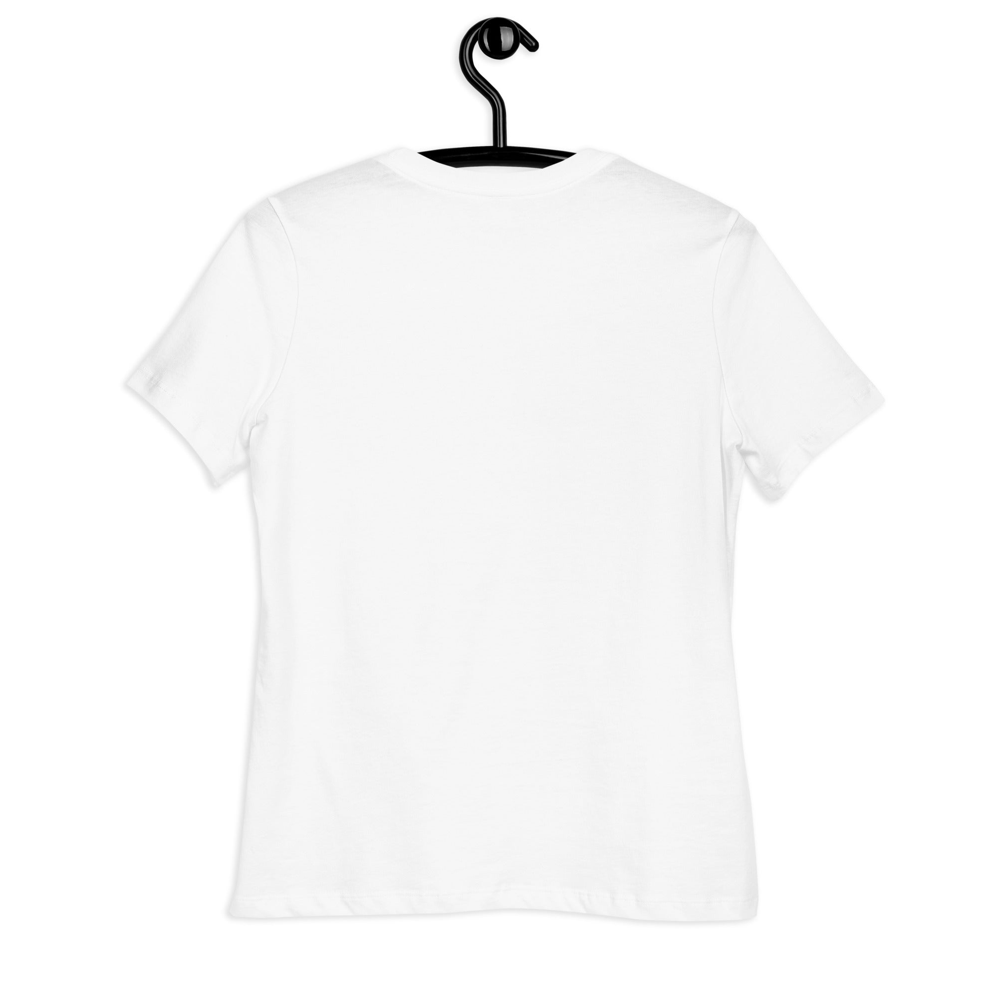 Back view of a white LuckeLadybug romantic couple t-shirt hanging on a black hook