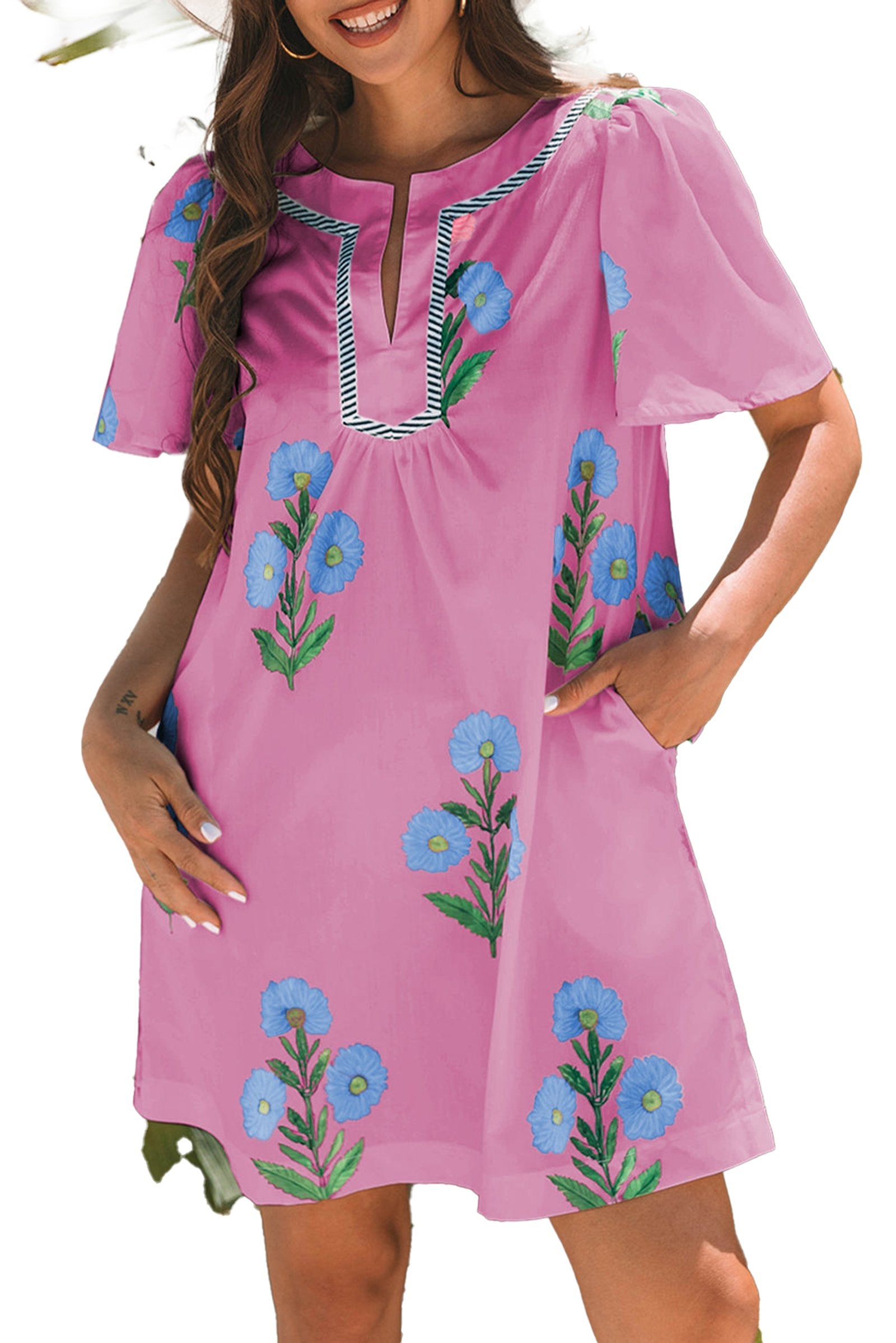 LuckeLadybug Rose Floral Mini Dress in Pink with Colorful Floral Embroidery and Pockets