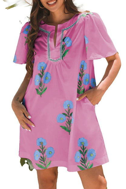 LuckeLadybug Rose Floral Mini Dress in Pink with Colorful Floral Embroidery and Pockets