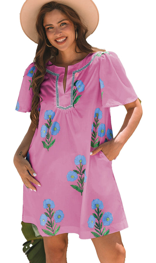 LuckeLadybug Rose floral mini dress in pink with blue floral embroidery and a relaxed fit