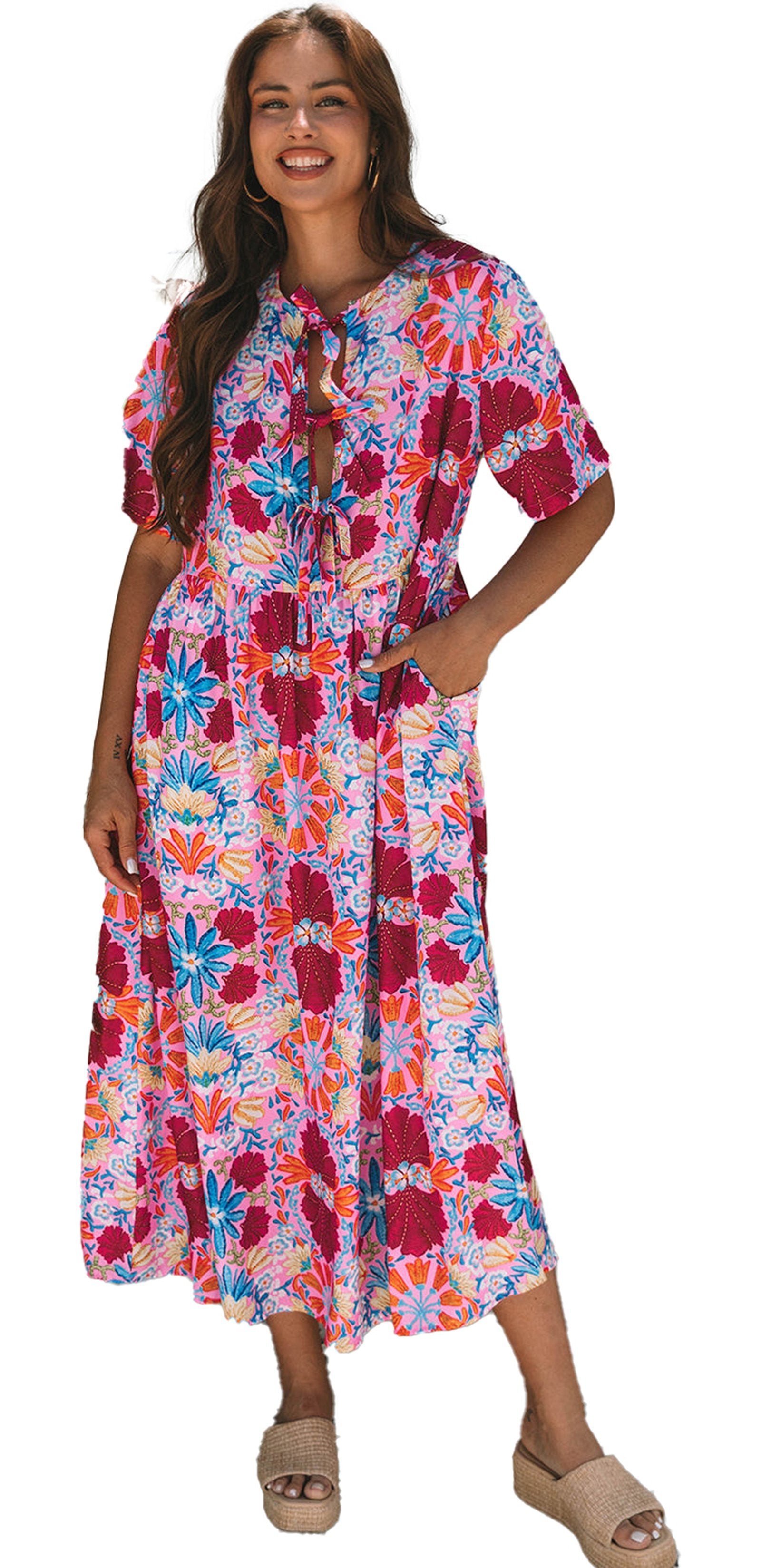 LuckeLadybug rose floral tied front dress in vibrant colors with a relaxed fit and pockets