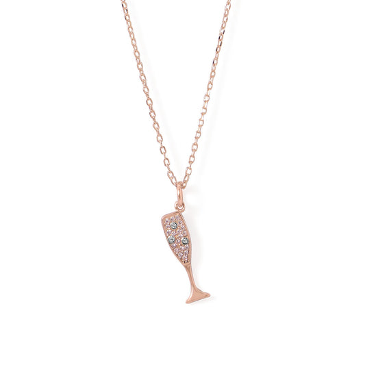 Rose gold champagne glass necklace with sparkling rhinestones for a stylish accessory