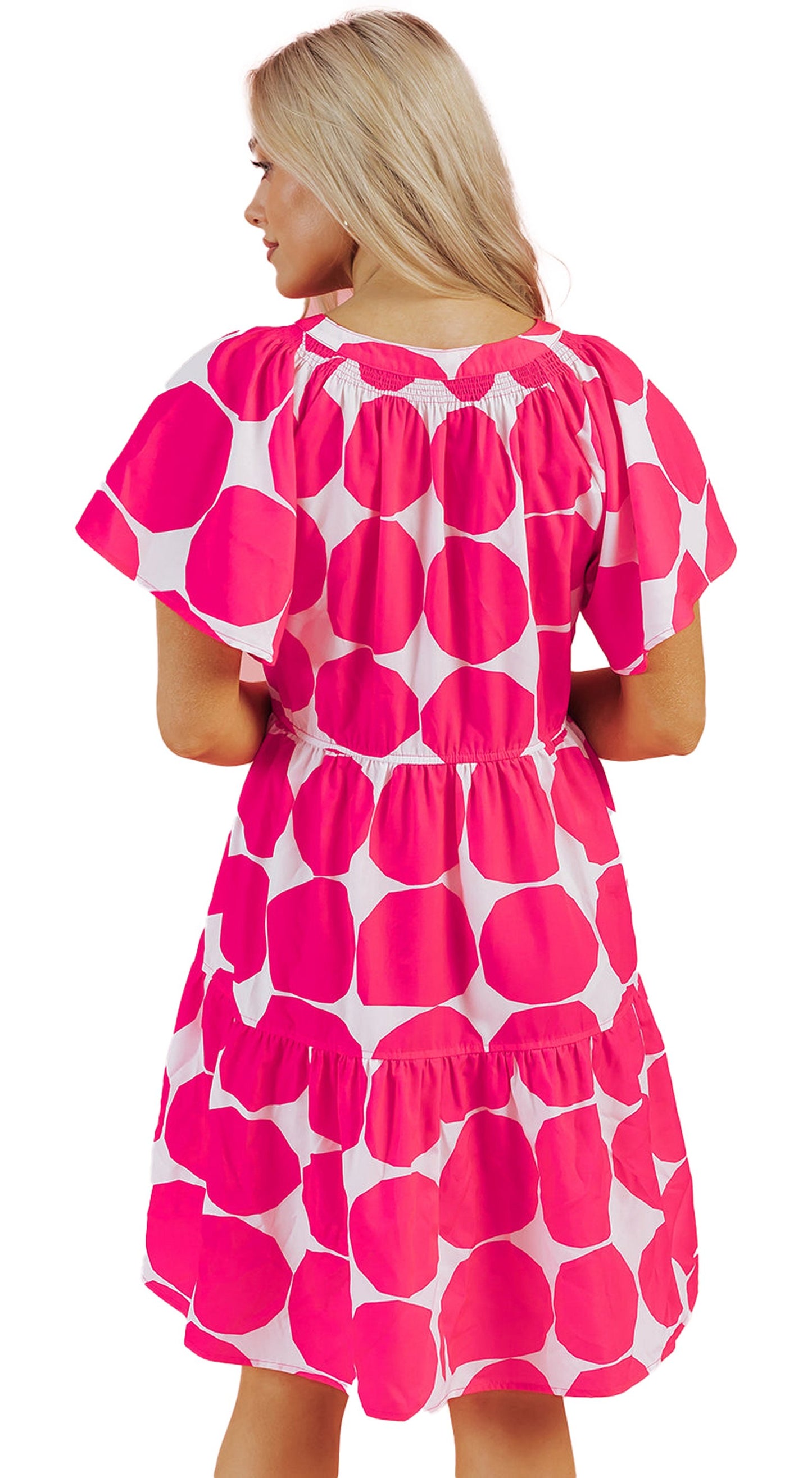 Rose polka dot flutter sleeve dress by LuckeLadybug featuring a vibrant pink and white design