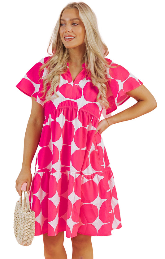 LuckeLadybug rose polka dot flutter sleeve dress in vibrant pink with a casual and stylish design