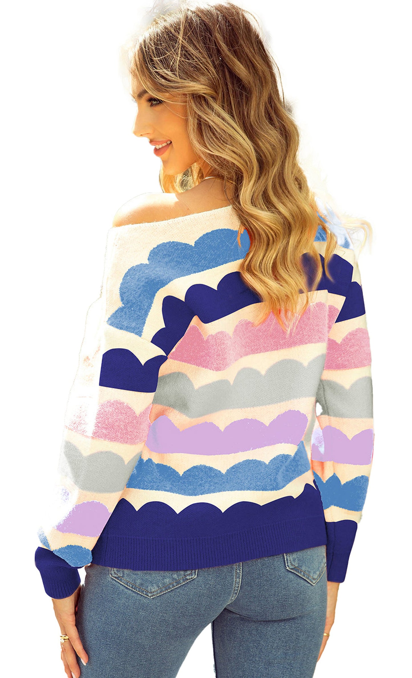 LuckeLadybug rose red balloon sleeve sweater with colorful wave pattern and off-shoulder design