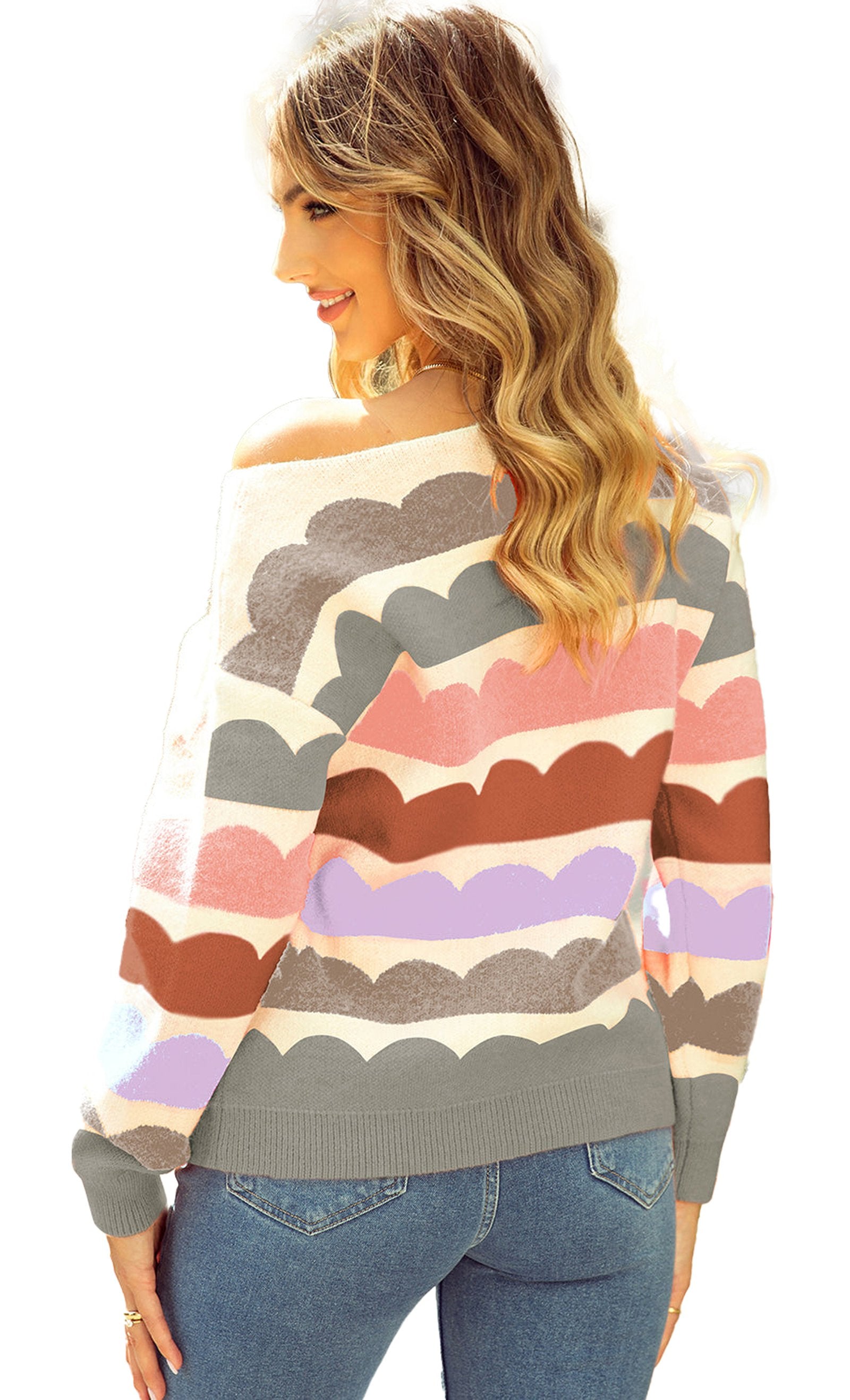 LuckeLadybug rose red balloon sleeve sweater with colorful wave patterns and a stylish off-shoulder design