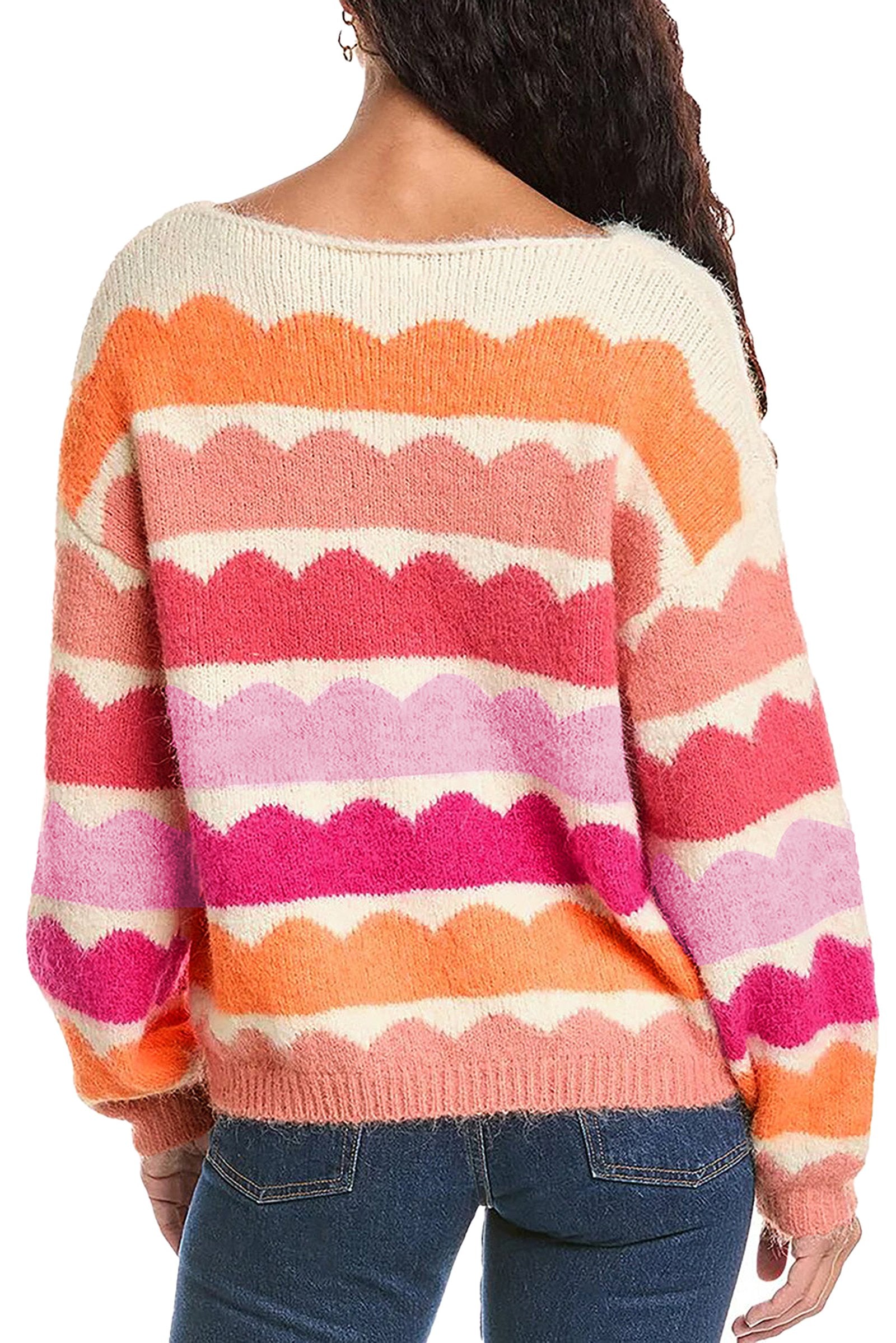 LuckeLadybug rose red balloon sleeve sweater with colorful wavy stripes in pink and orange