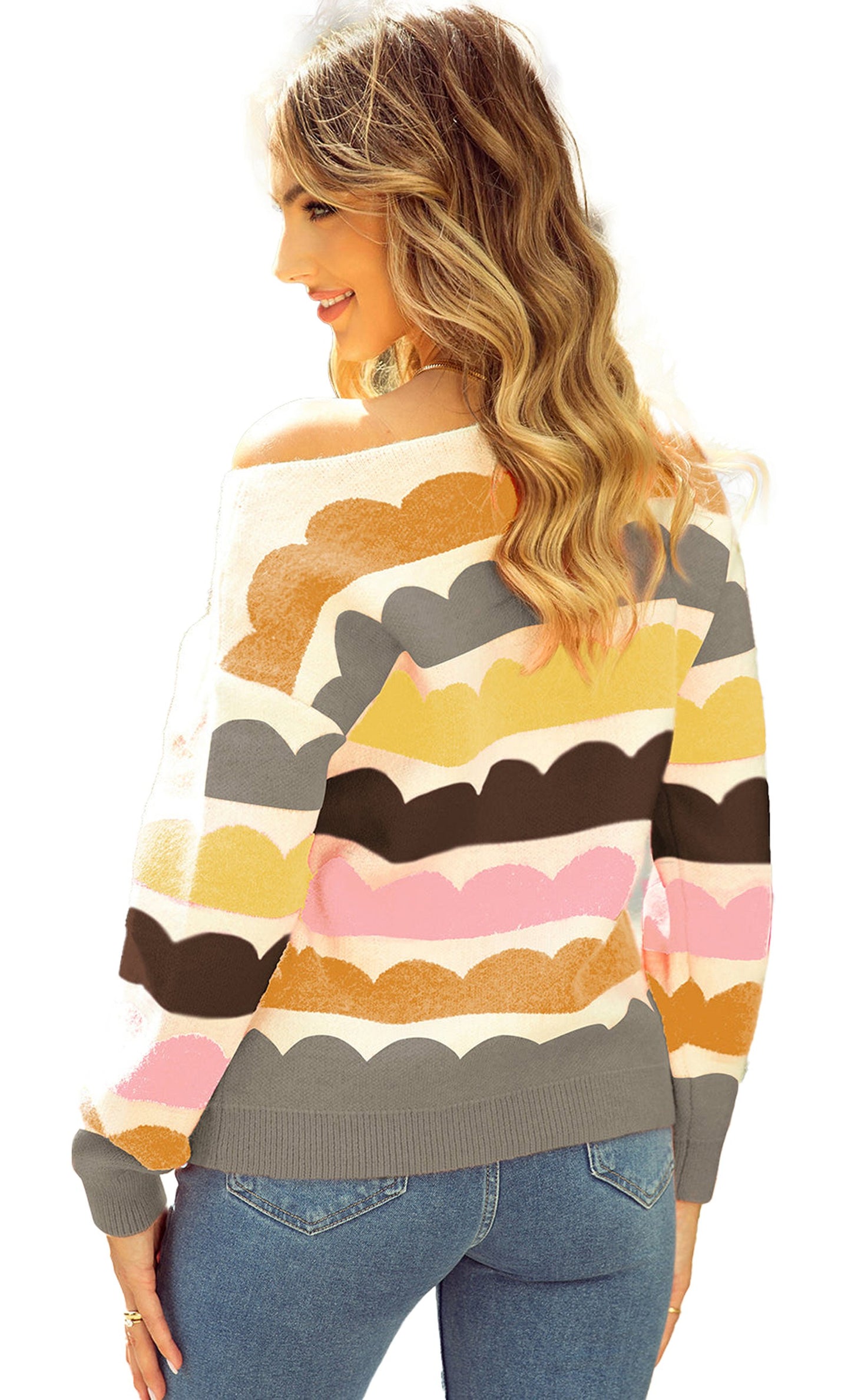 LuckeLadybug rose red balloon sleeve sweater with colorful scalloped design and relaxed fit