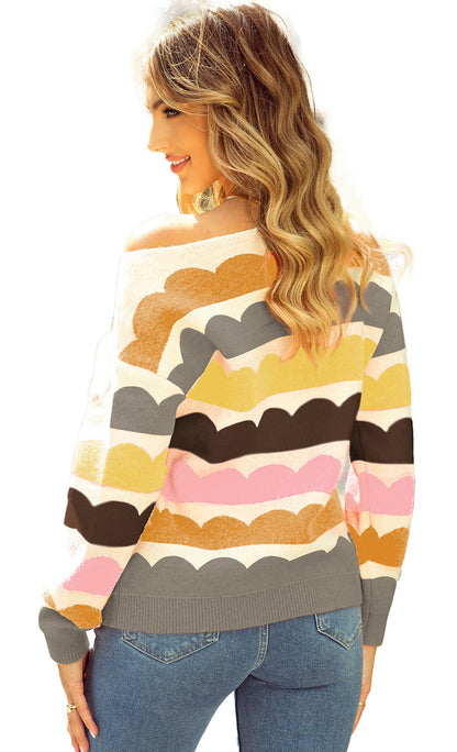 LuckeLadybug rose red balloon sleeve sweater with colorful scalloped design and relaxed fit