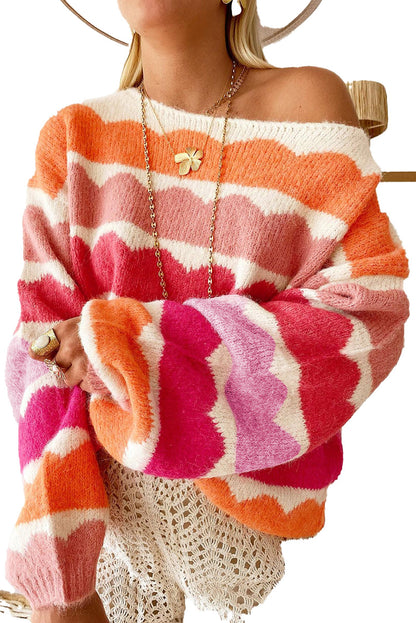 LuckeLadybug rose red balloon sleeve sweater in vibrant scalloped pattern with colorful hues