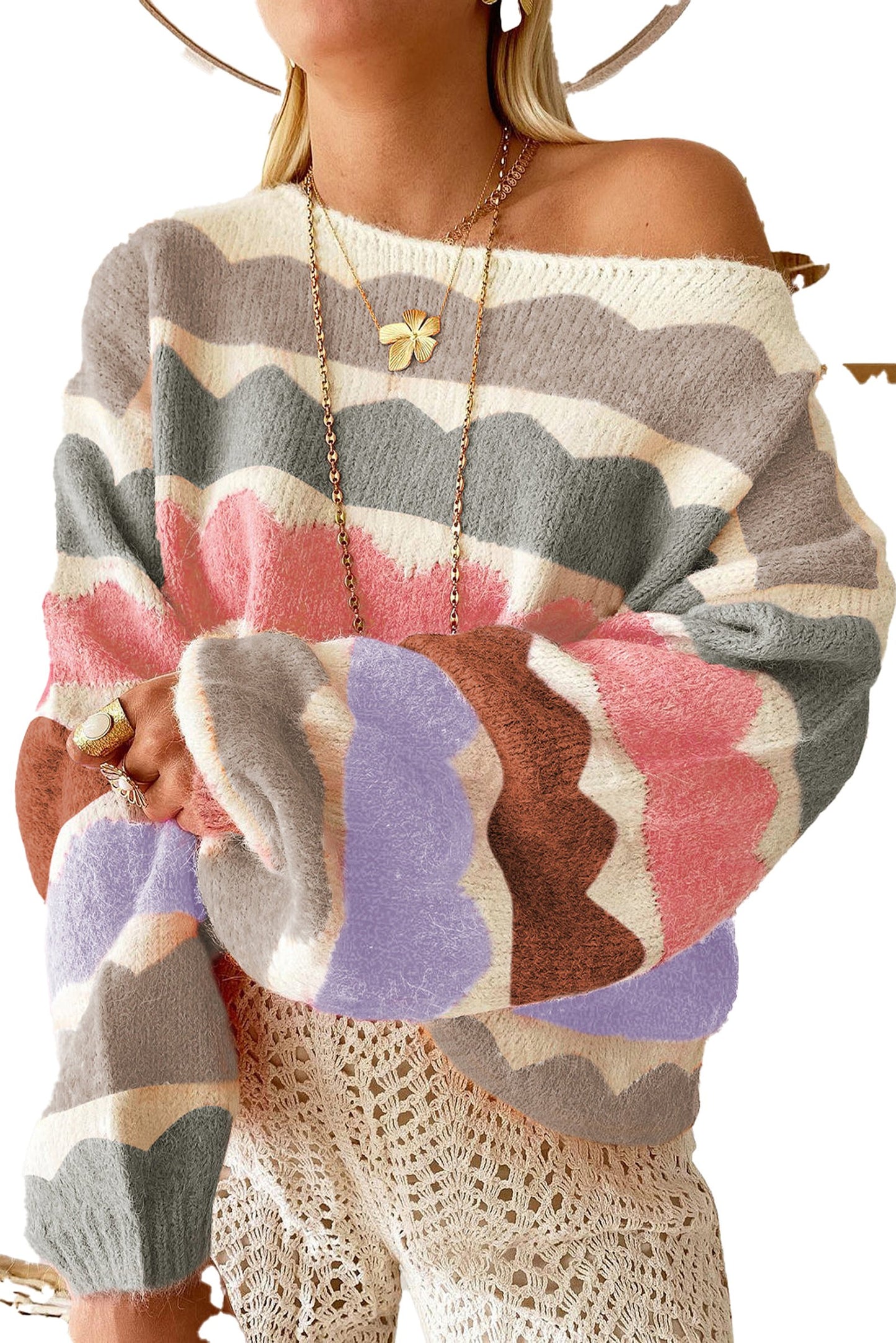 LuckeLadybug rose red balloon sleeve sweater with cozy scalloped design and wide sleeves