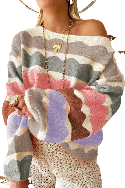 LuckeLadybug rose red balloon sleeve sweater with cozy scalloped design and wide sleeves