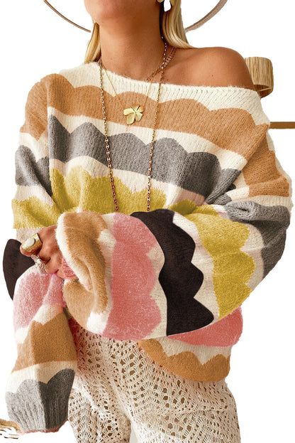 LuckeLadybug rose red balloon sleeve sweater with colorful scalloped pattern and oversized fit