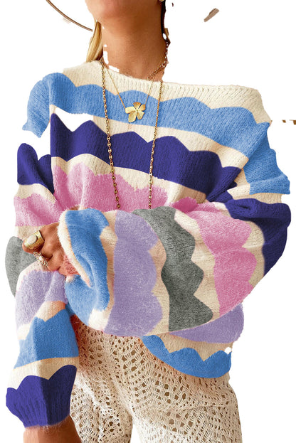 LuckeLadybug rose red balloon sleeve sweater featuring a colorful wavy pattern with blue and pink stripes