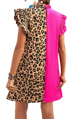 LuckeLadybug rose red leopard print ruffle dress with stylish mixed fabric design and flutter sleeves