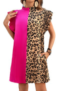 LuckeLadybug rose red leopard print ruffle dress with bold color block design and ruffle sleeves