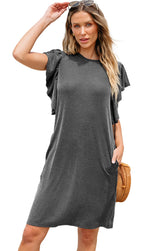 LuckeLadybug A-Line Rose Red Ruffled Mini Dress with Short Sleeves for Summer Outings