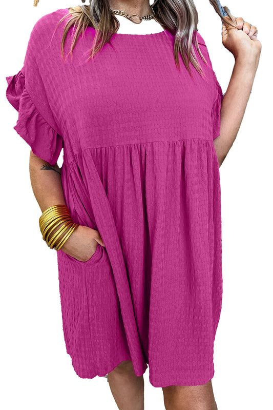 LuckeLadybug rose red ruffled mini dress with short sleeves and pockets for a comfortable summer look