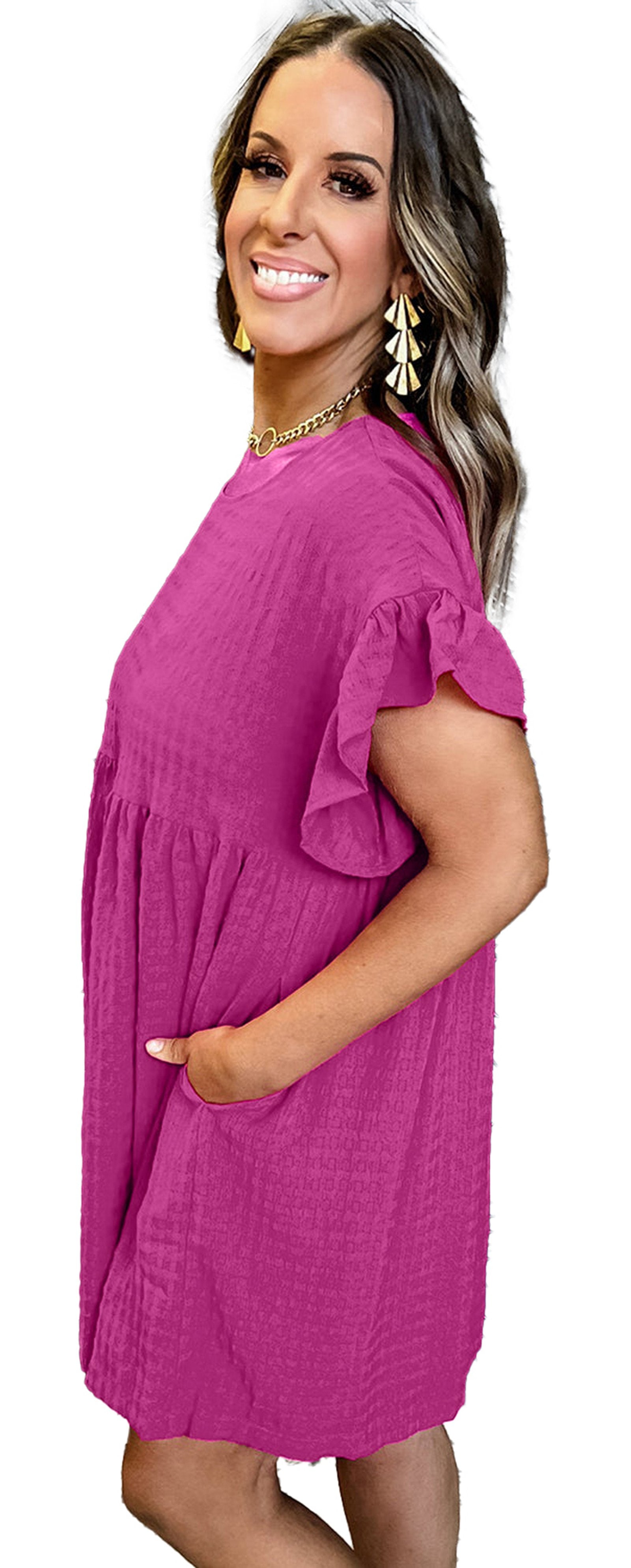 LuckeLadybug rose red ruffled mini dress with short sleeves and pockets for stylish summer wear