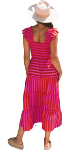LuckeLadybug rose stripe maxi dress featuring ruffled sleeves and a tiered design in pink stripes