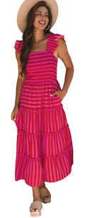 LuckeLadybug rose stripe maxi dress with ruffled straps and tiered design in vibrant pink
