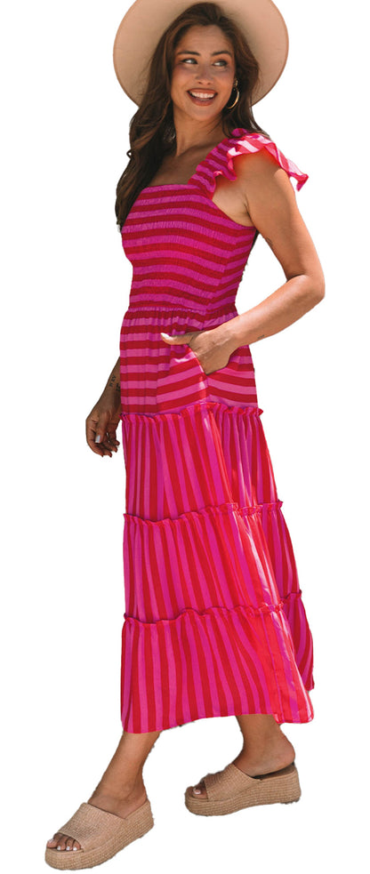 LuckeLadybug rose stripe maxi dress featuring ruffled sleeves and tiered design for a stylish summer look