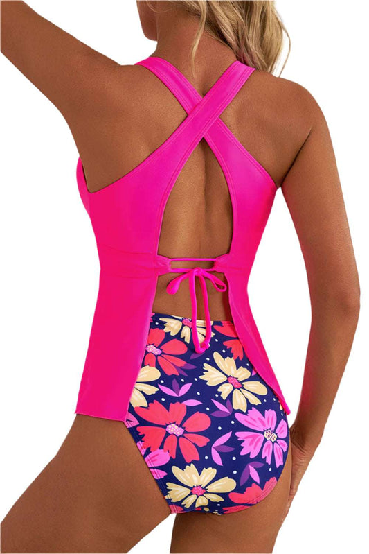 LuckeLadybug rose v neck tankini set with pink cross back top and floral print bottom